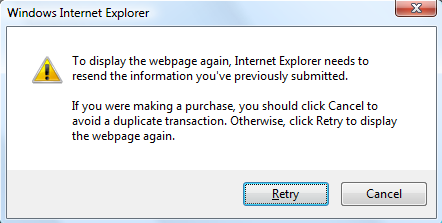 Internet Explorer resubmit form dialog