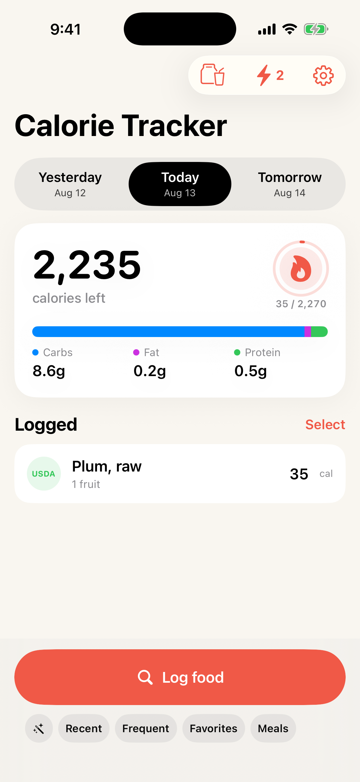 Calorie Tracker daily diary on iPhone