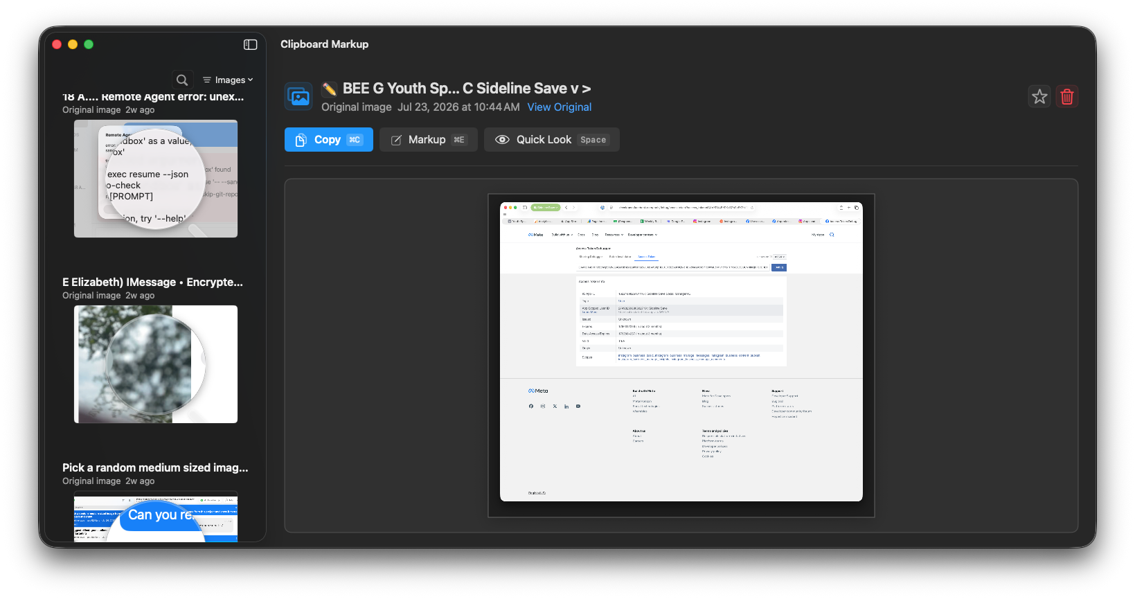Clipboard Markup showing image history and a large clipboard preview