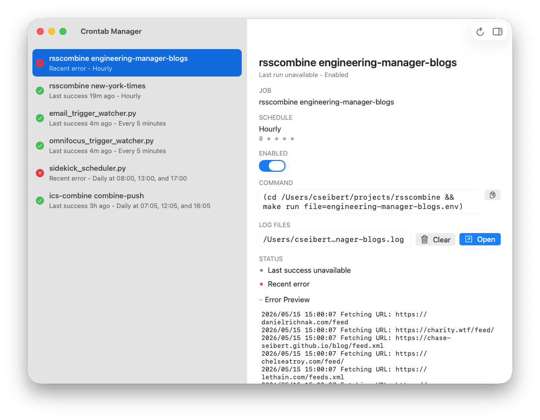 CronTab Manager displaying scheduled jobs