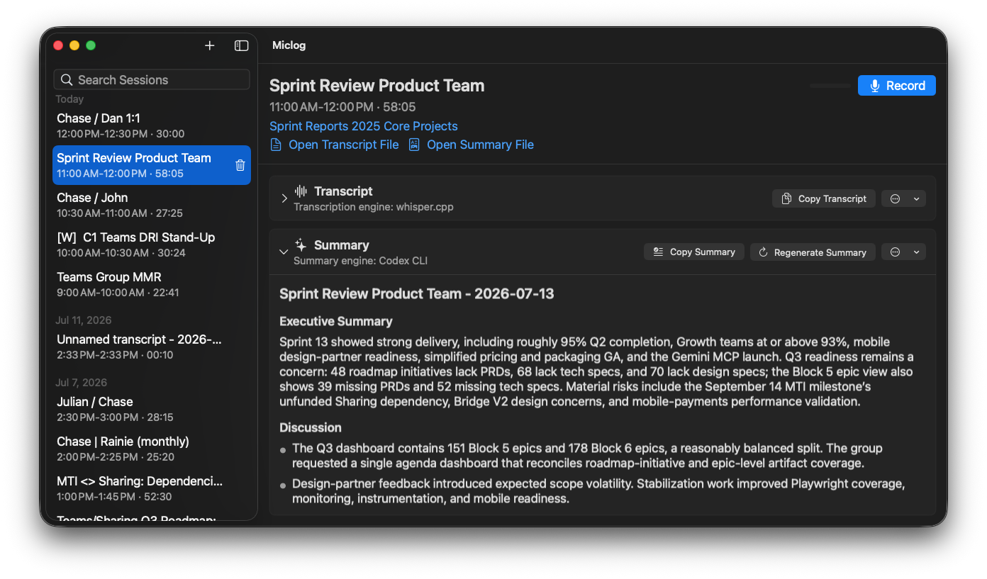Miclog Desktop showing a meeting transcript and summary